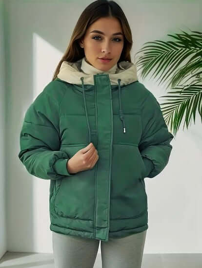 Trendy women's fleece-lined hooded jacket, a stylish addition to fall and winter fashion.