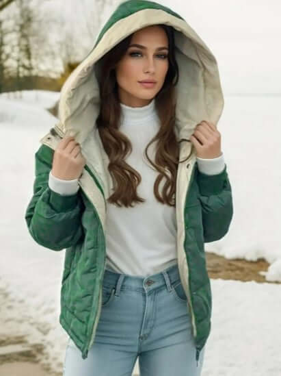 Versatile women's hooded jacket, fleece-lined for warmth, suitable for casual & daily wear.