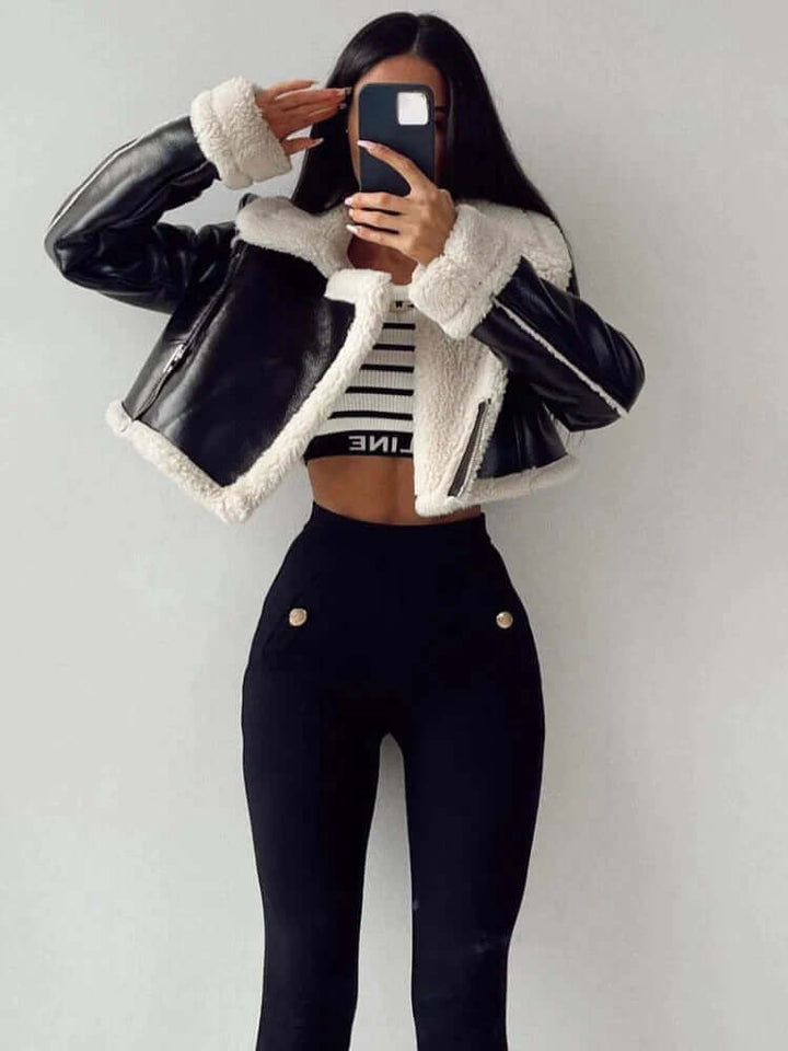 Casual women's warm fleece-lined short jacket. Perfect winter coat and cozy outerwear for daily wear.