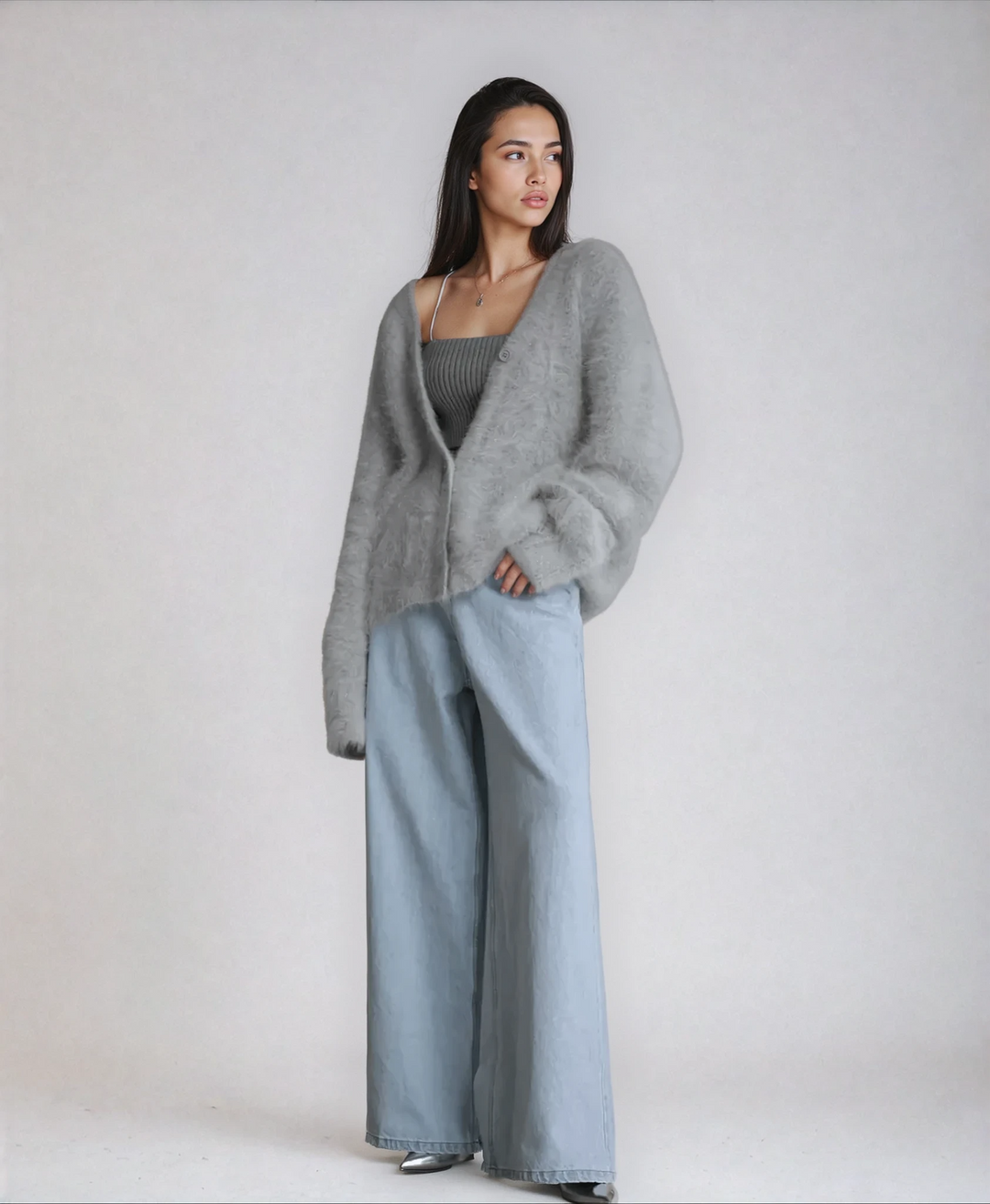 Women's cozy fluffy knit cardigan sweater in a relaxed fit, perfect for fall layering.