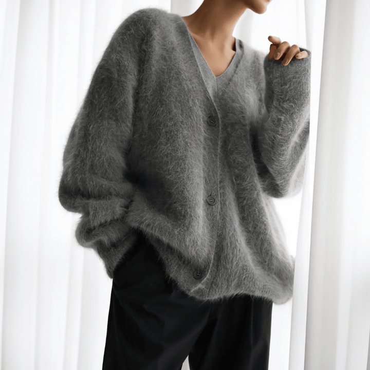 Fluffy women's knit cardigan sweater, super soft and cozy, perfect for fall and winter style.