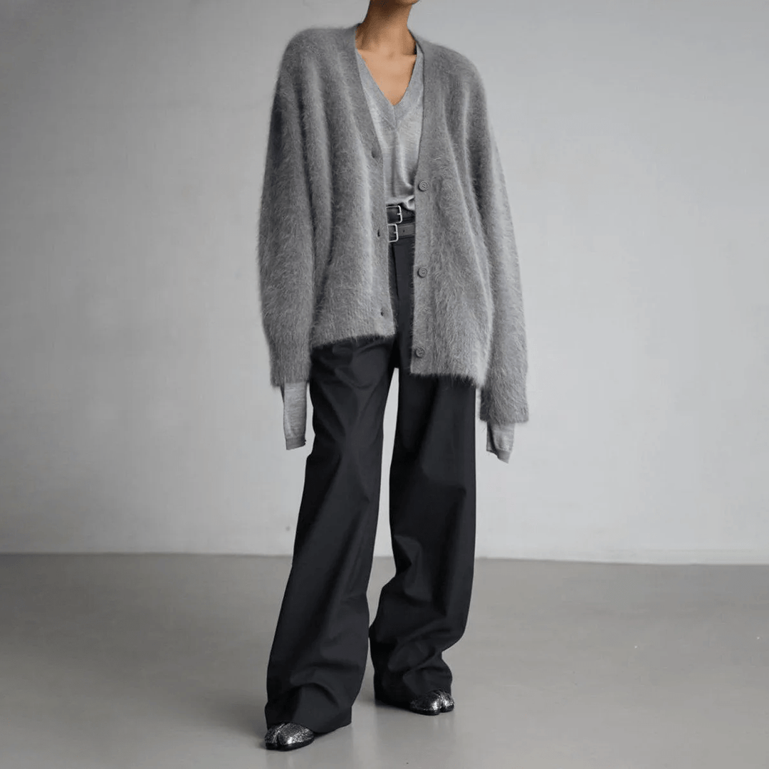 Relaxed fit v-neck fluffy cardigan, a warm and cozy knit sweater for women's layering.