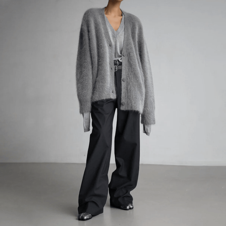 Relaxed fit v-neck fluffy cardigan, a warm and cozy knit sweater for women's layering.