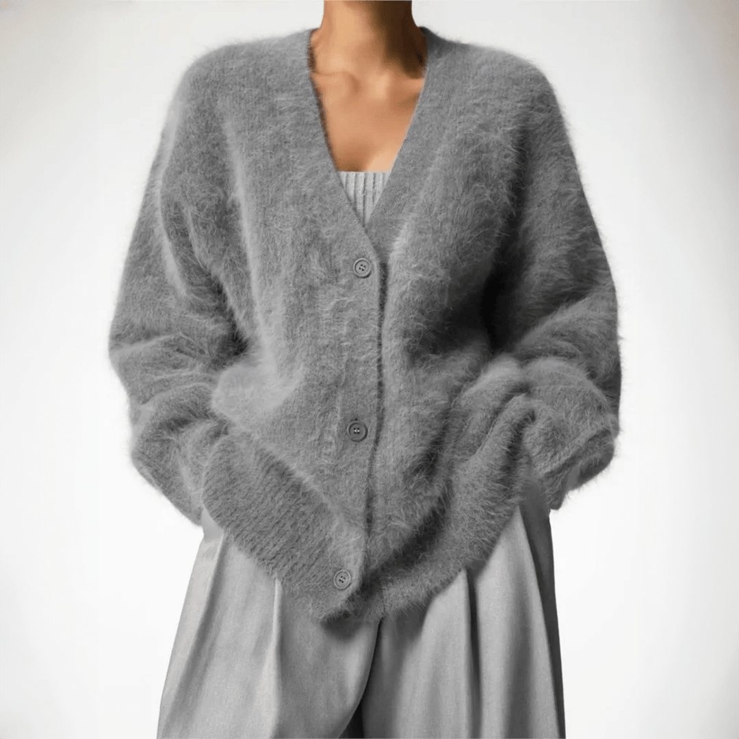 Elegant women's fluffy knit cardigan, a cozy and stylish sweater for fall fashion.