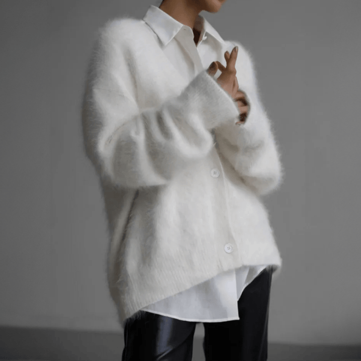 Warm and cozy women's fluffy knit cardigan, a versatile layering piece for fall/winter.