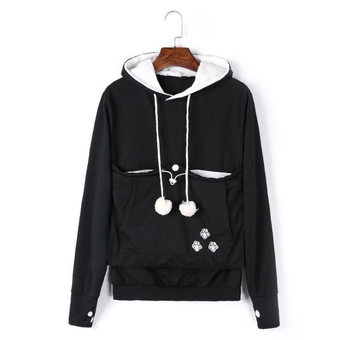 Women's cozy grey hoodie with a large front pouch for carrying a cat or small pet.