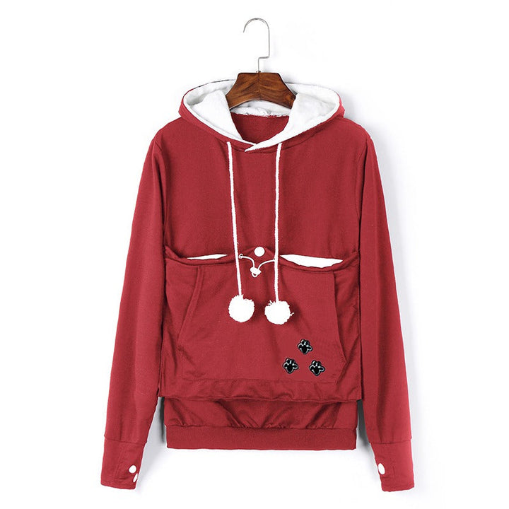 Comfortable women's hoodie featuring a secure pet pouch, perfect for cuddling cats.