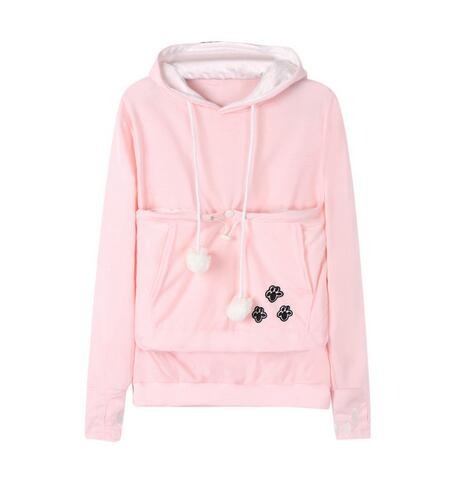Stylish women's black hoodie with a kangaroo-style cat pouch, ideal for pet owners.