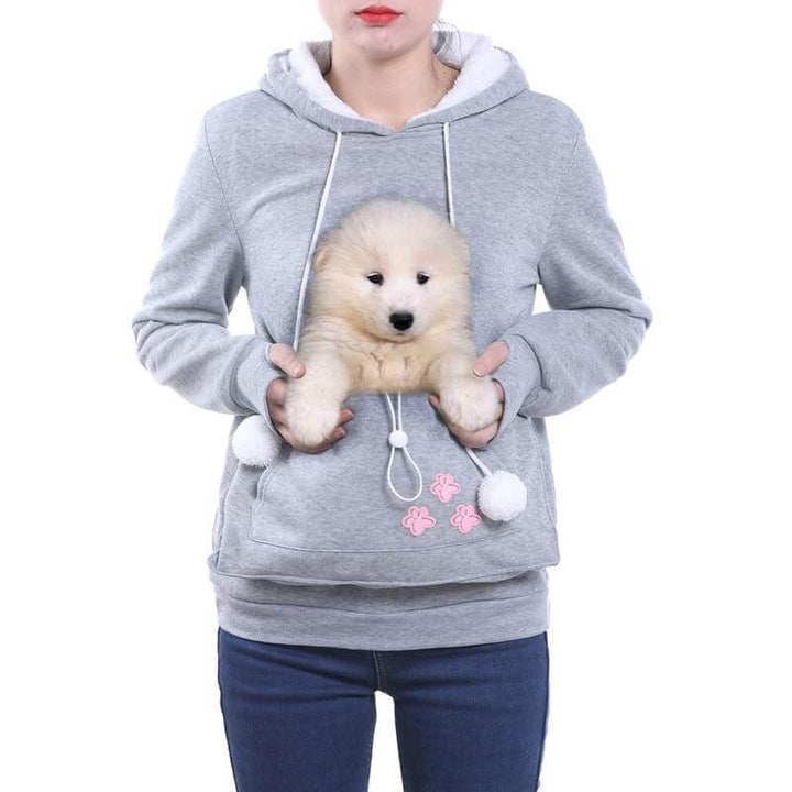 Soft women's casual hoodie in heather grey, designed with a cozy front pouch for pets.