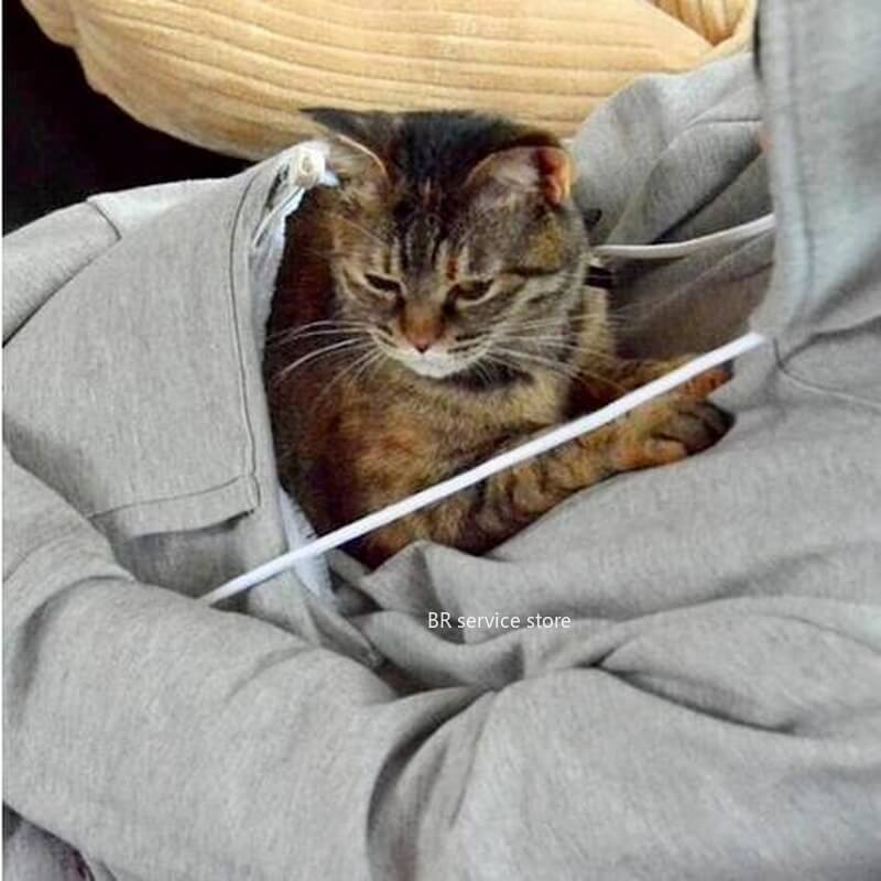 Close-up of the deep, cozy cat pouch on a women's hoodie, perfect for feline companions.