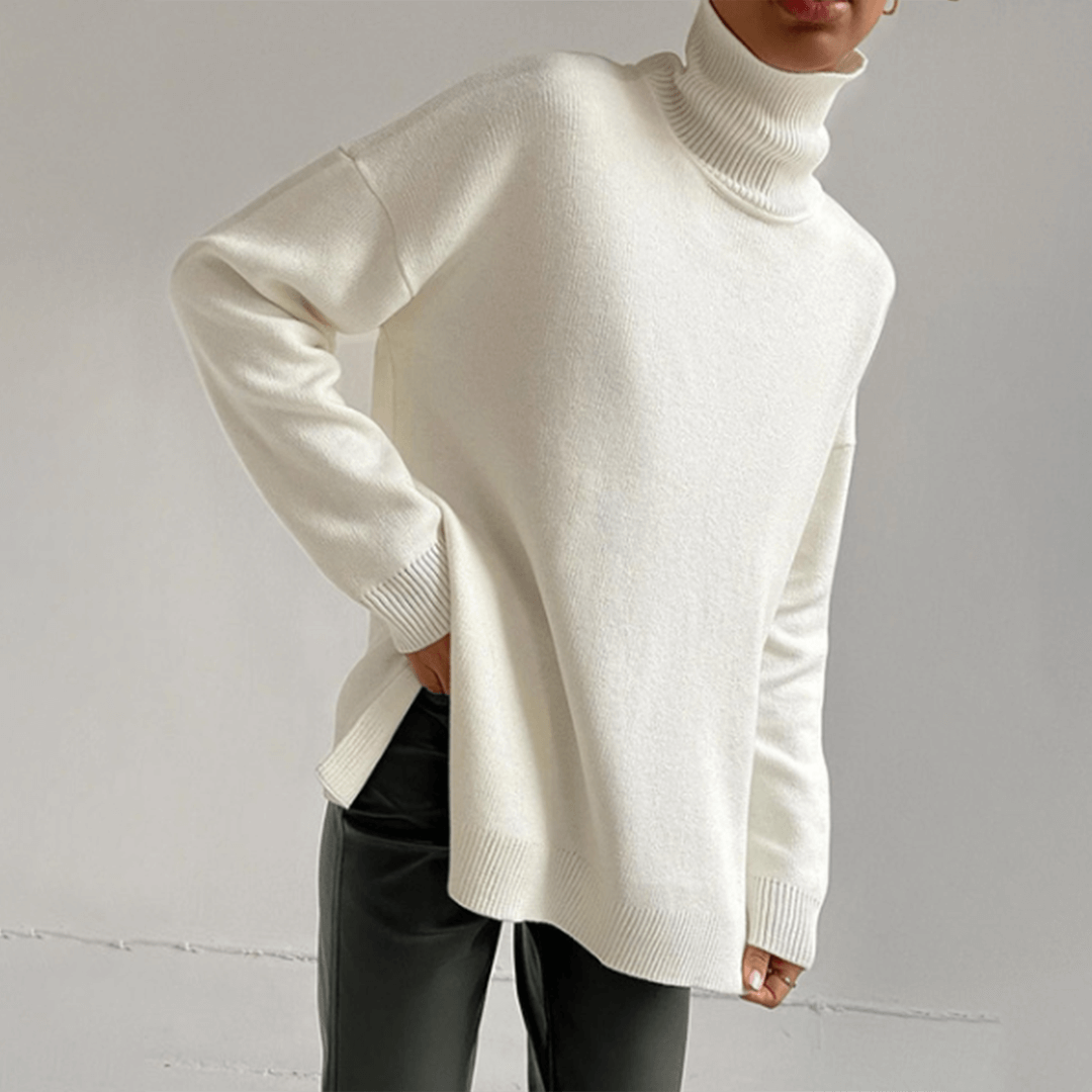 Vibrant colored women's high-neck sweater, a cozy long sleeve pullover for winter fashion.