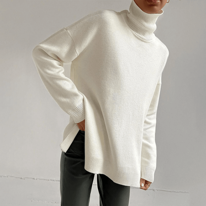 Vibrant colored women's high-neck sweater, a cozy long sleeve pullover for winter fashion.