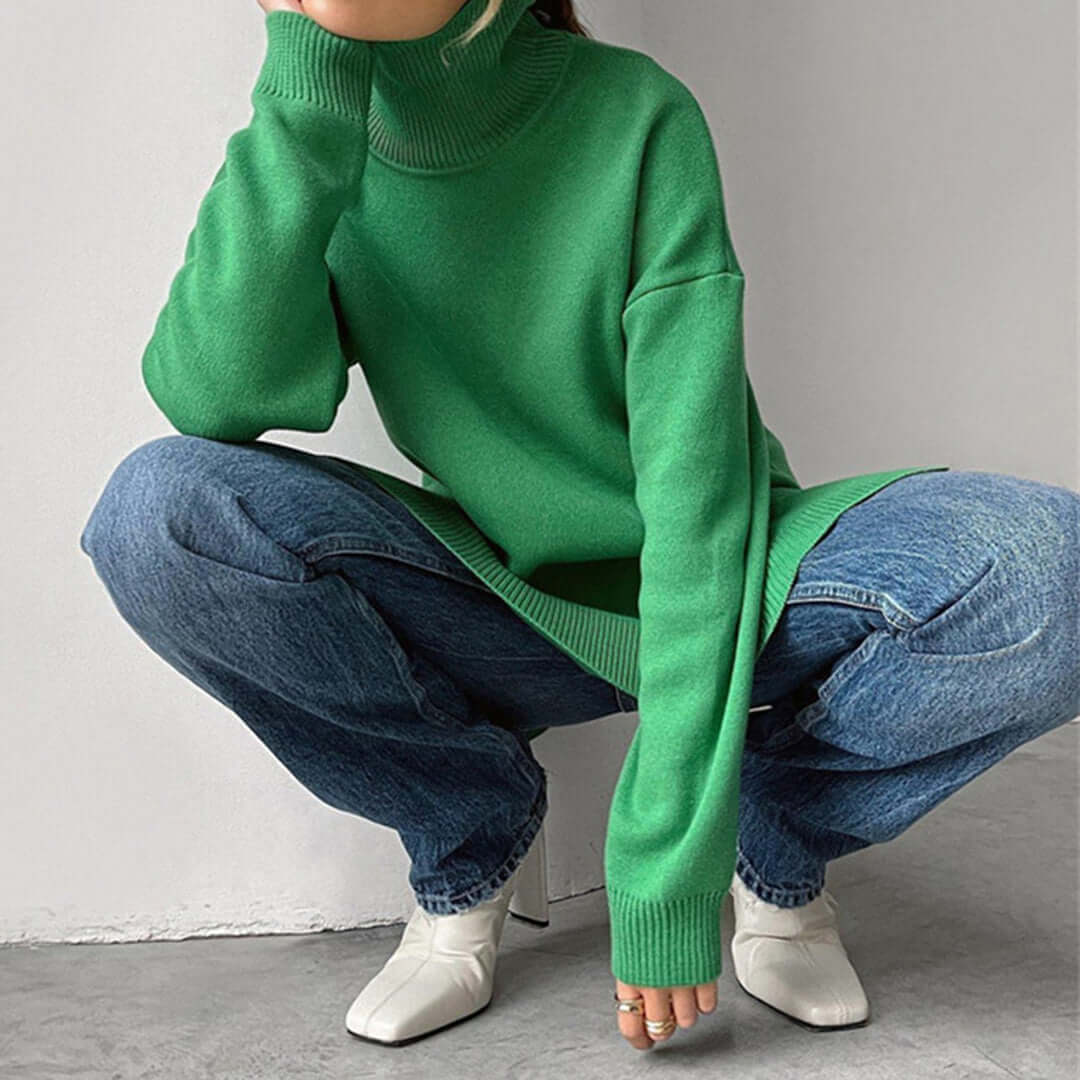 Model wearing a chic women's high-neck sweater, cozy & elegant for winter style.