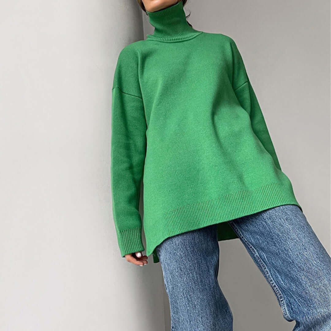 Stylish women's high-neck sweater, cozy knit essential for cool weather & winter fashion.