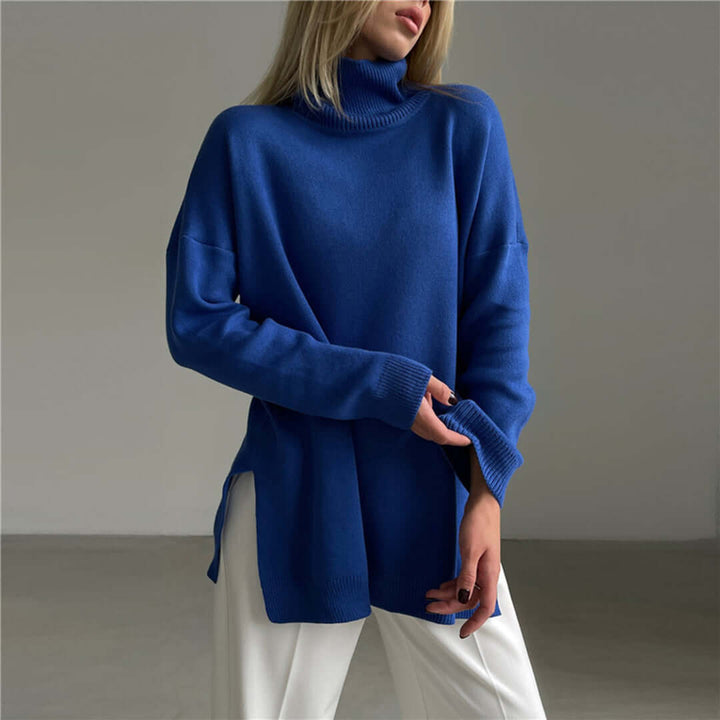 Back view of a women's cozy high-neck sweater, a warm long sleeve pullover for everyday elegance.