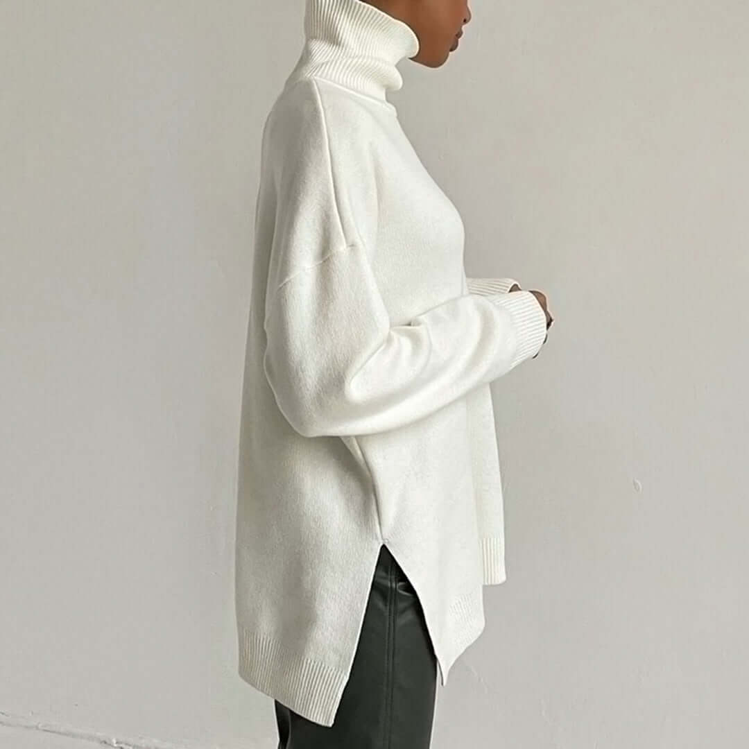 Elegant women's high-neck sweater, cozy & warm long sleeve for stylish winter outfits.