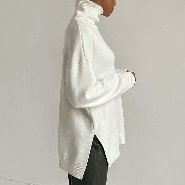 Elegant women's high-neck sweater, cozy & warm long sleeve for stylish winter outfits.