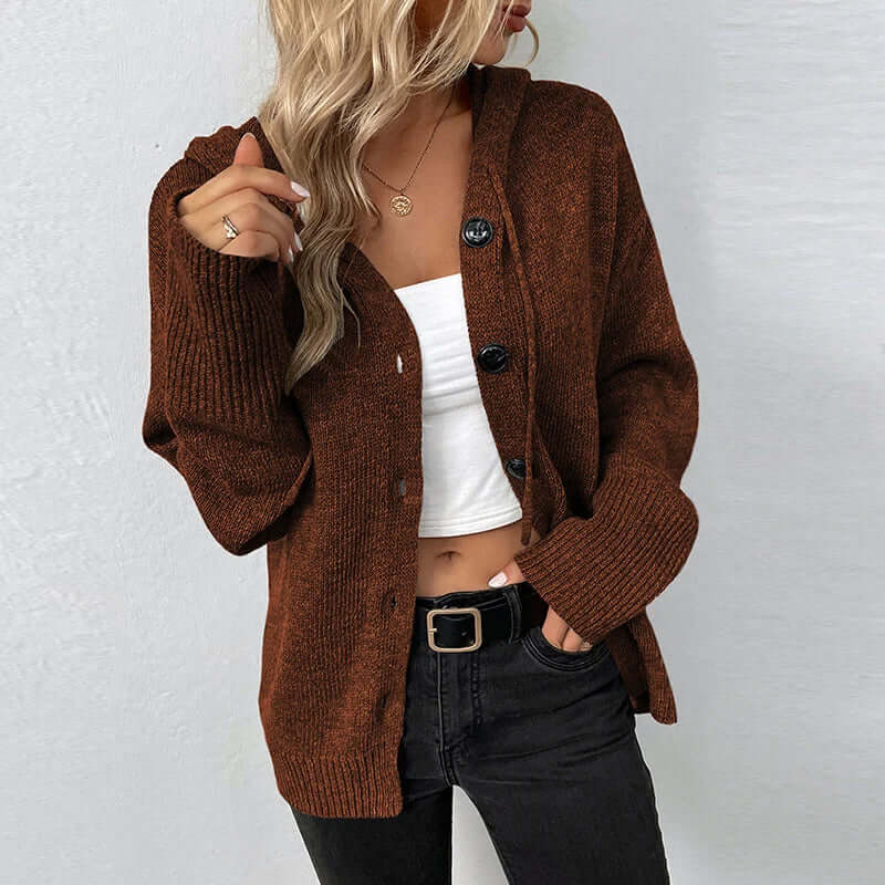 Elegant women's hooded knitted cardigan, perfect for fall and winter layering.