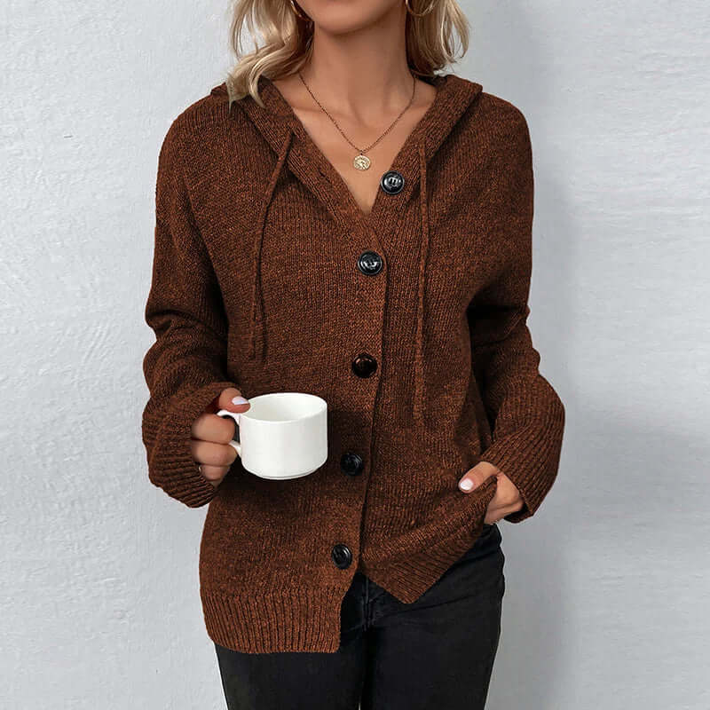 Modern women's hooded knitted cardigan, a comfortable outerwear for all seasons.