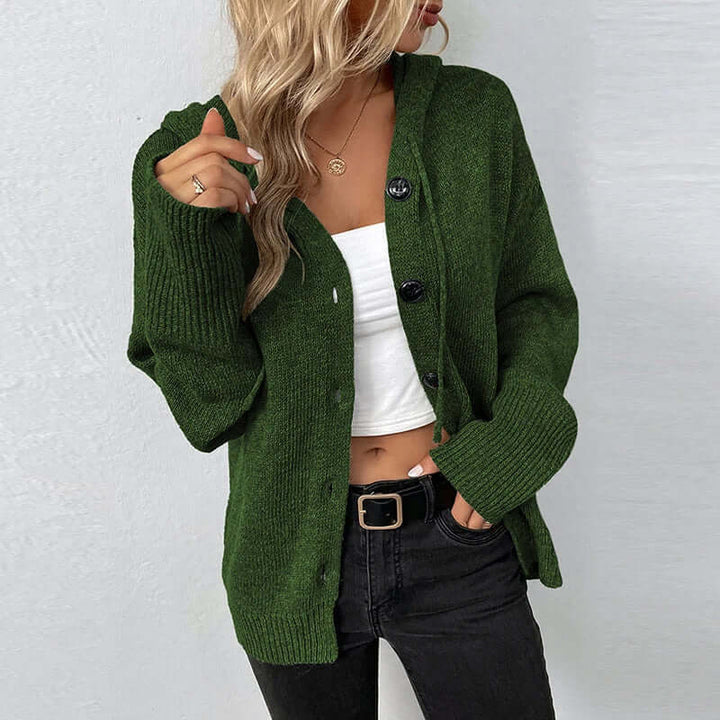 Fashionable women's knitted hooded cardigan, ideal for stylish winter layering.
