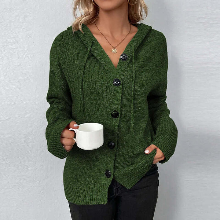 Cozy hooded knit cardigan for women, combining warmth, comfort, and effortless style.
