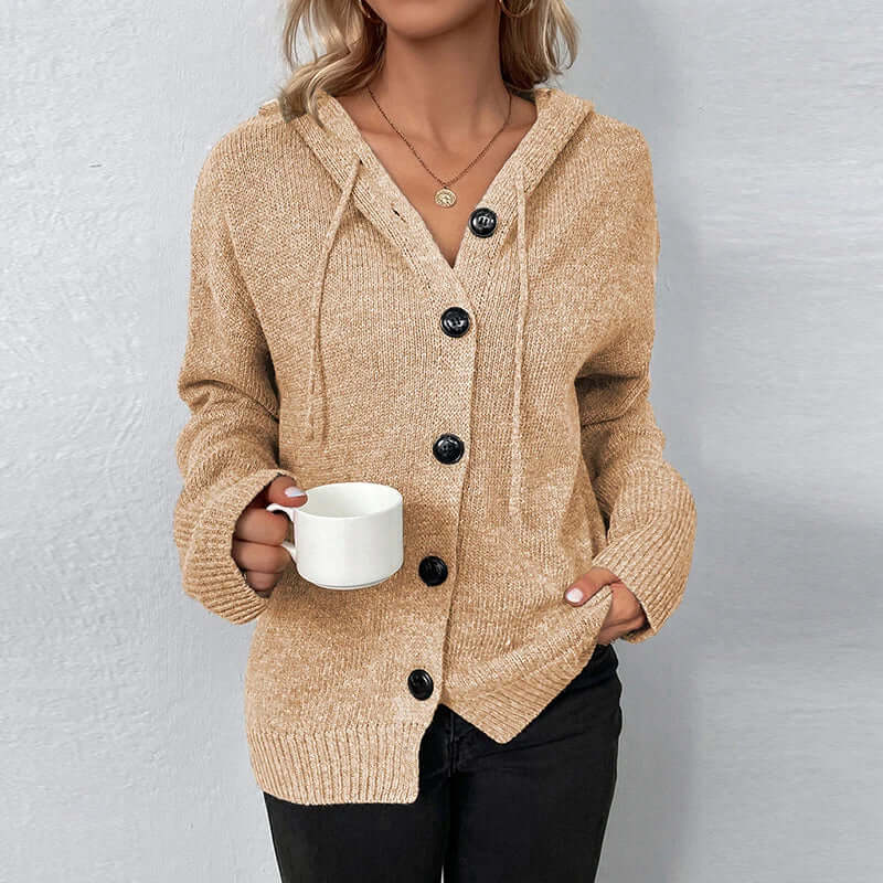 Comfortable women's hooded knit cardigan, perfect casual wear for chilly days.