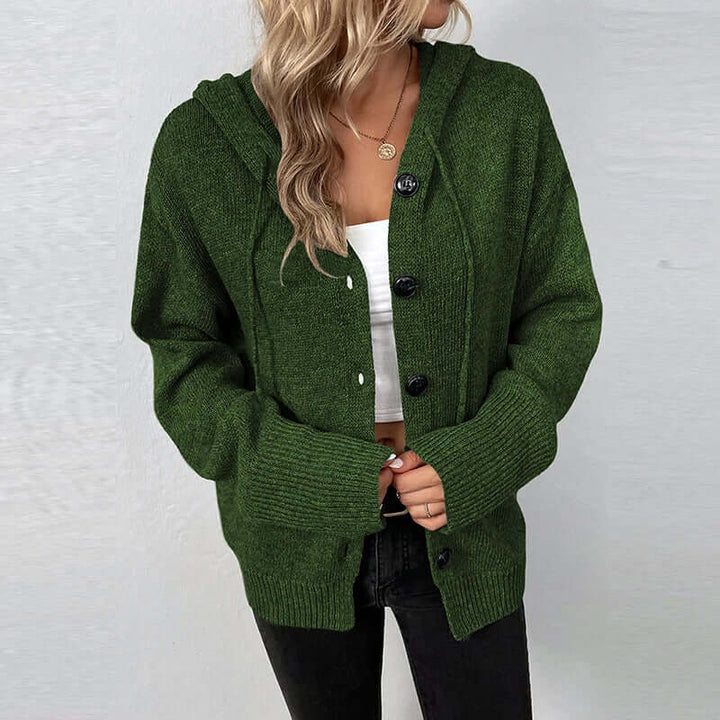 Durable women's hooded knitted sweater, perfect for casual and cozy layering.