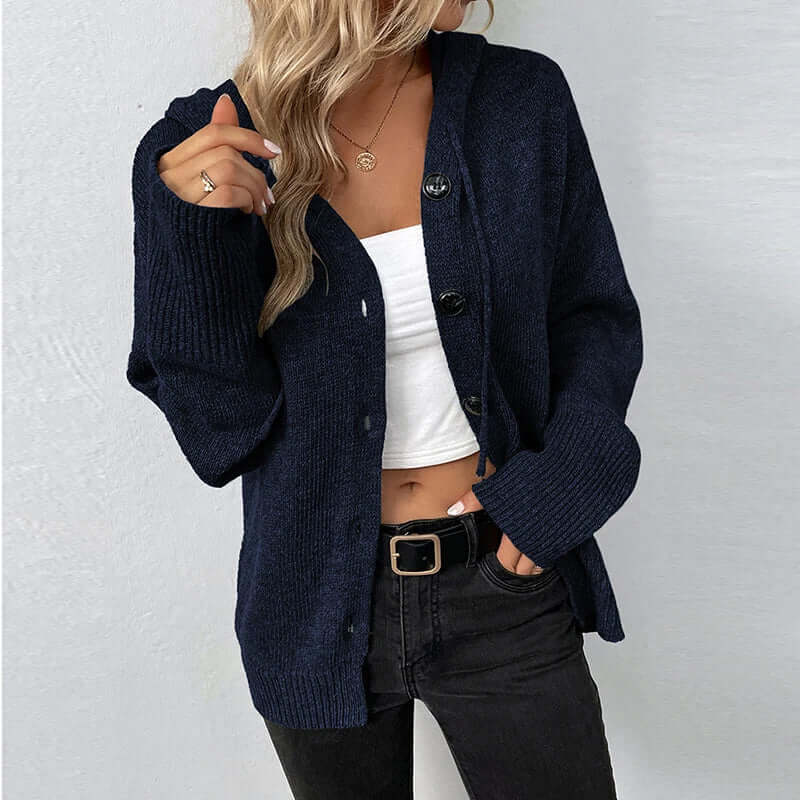 Versatile women's hooded knitted cardigan, essential for fall & winter fashion.