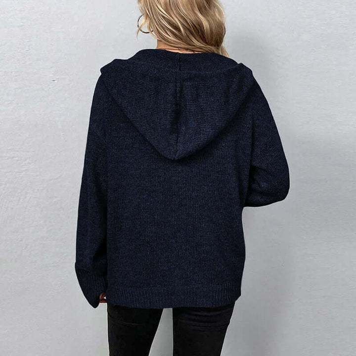 Textured women's hooded knitted cardigan, a chic addition to women's apparel.