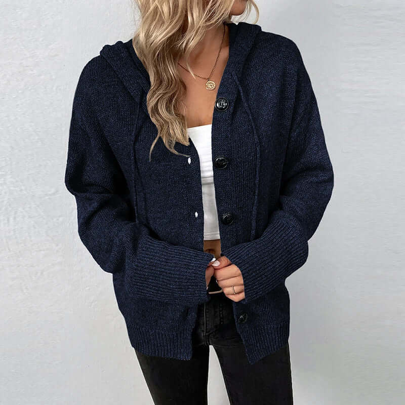Long-sleeve women's hooded knitted cardigan, perfect for cozy layering and warmth.