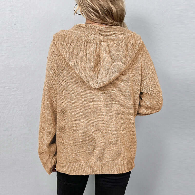 Stylish women's cozy knit hooded sweater, versatile layering for fall fashion.