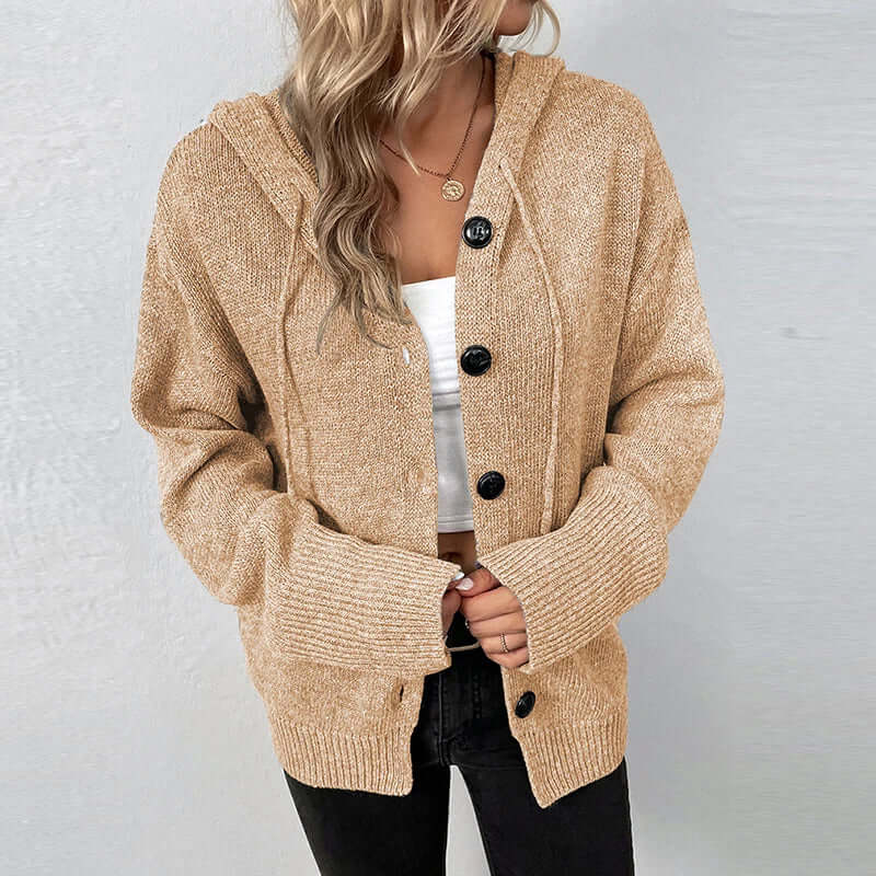 Soft knitted hooded cardigan for women, offering warmth and effortless style.