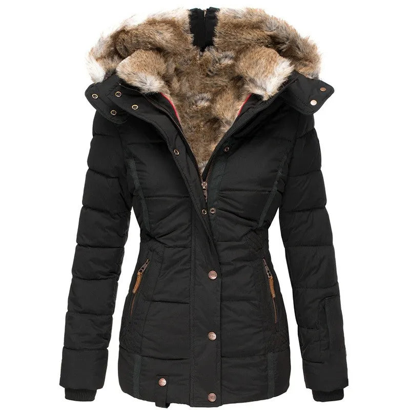 Stylish women's puffer jacket with detachable hood. Warm, insulated winter coat for fashion & cold weather.