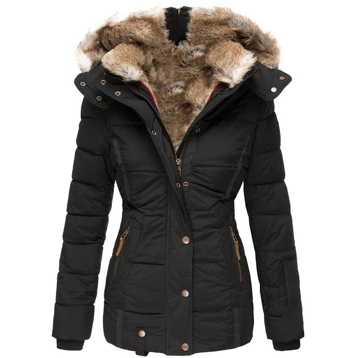 Stylish women's puffer jacket with detachable hood. Warm, insulated winter coat for fashion & cold weather.