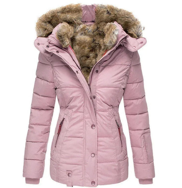 Women's warm insulated puffer jacket for winter. Cozy outerwear with a detachable hood, perfect for cold days.