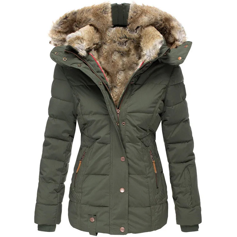 Elegant women's insulated puffer jacket. Stylish, warm winter coat with a detachable hood for chilly weather.