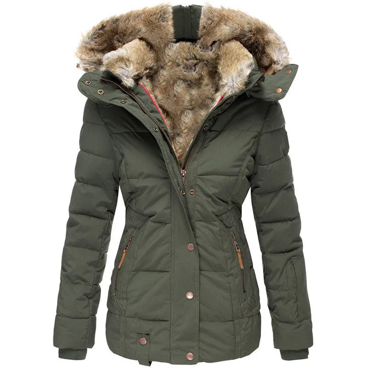 Elegant women's insulated puffer jacket. Stylish, warm winter coat with a detachable hood for chilly weather.