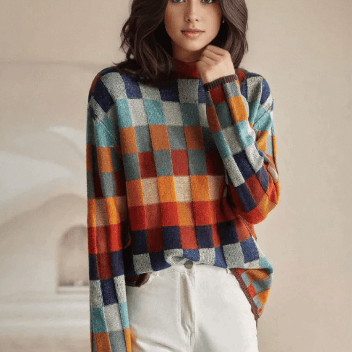 Women's cozy knit high collar jumper. Perfect warm pullover sweater for stylish winter & autumn casual wear.