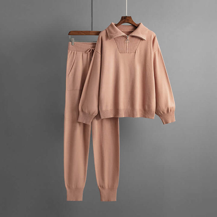 Women's cozy knit lounge set. Comfortable two-piece relaxed fit top & pants for casual home wear.