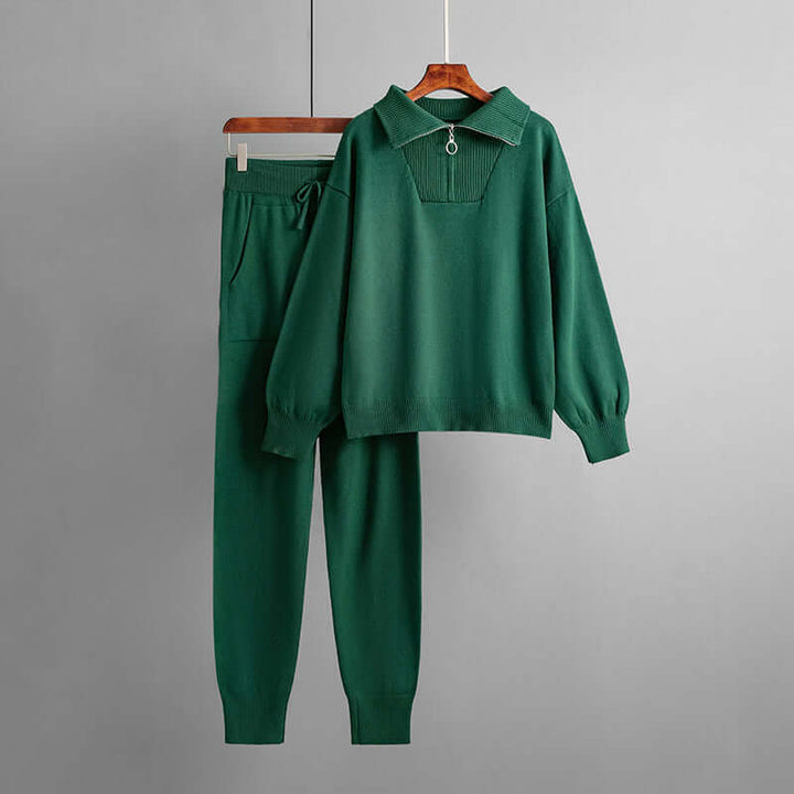 Close-up of soft knit lounge set for women, highlighting cozy fabric. Perfect comfortable home & travel wear.