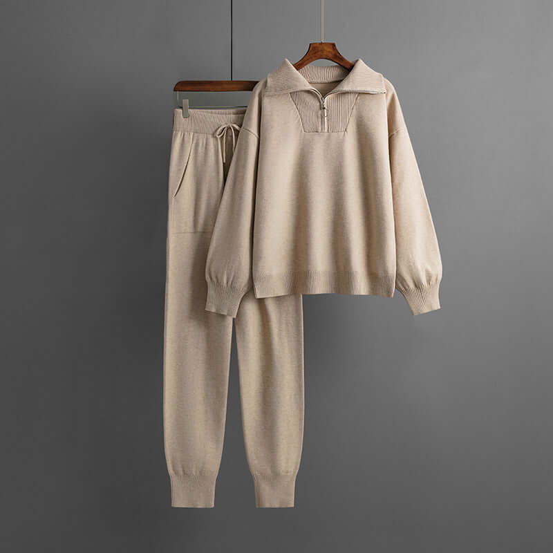 Women's relaxed fit two-piece knit lounge set. Casual & comfy for home, travel, or everyday cozy moments.