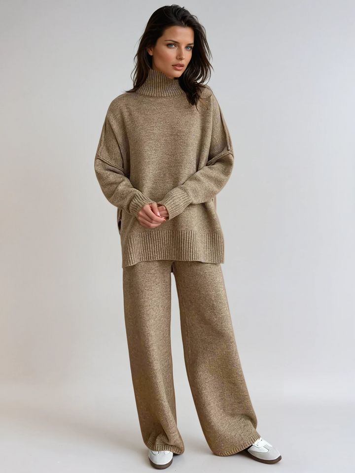 Women's cozy knit turtleneck lounge set with wide-leg pants. Perfect for comfort & winter loungewear.