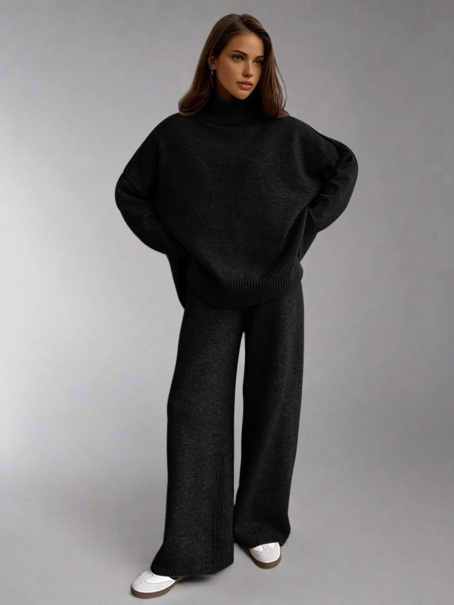 Luxuriously soft women's knit lounge set. Turtleneck top & wide-leg pants ensure cozy warmth and comfort.
