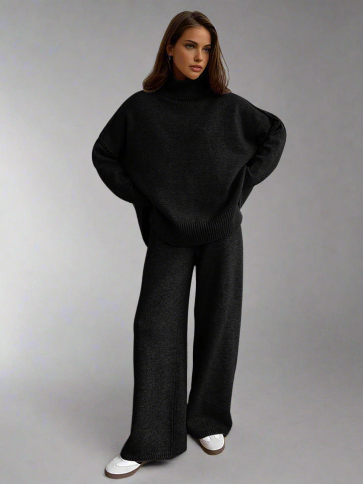 Luxuriously soft women's knit lounge set. Turtleneck top & wide-leg pants ensure cozy warmth and comfort.