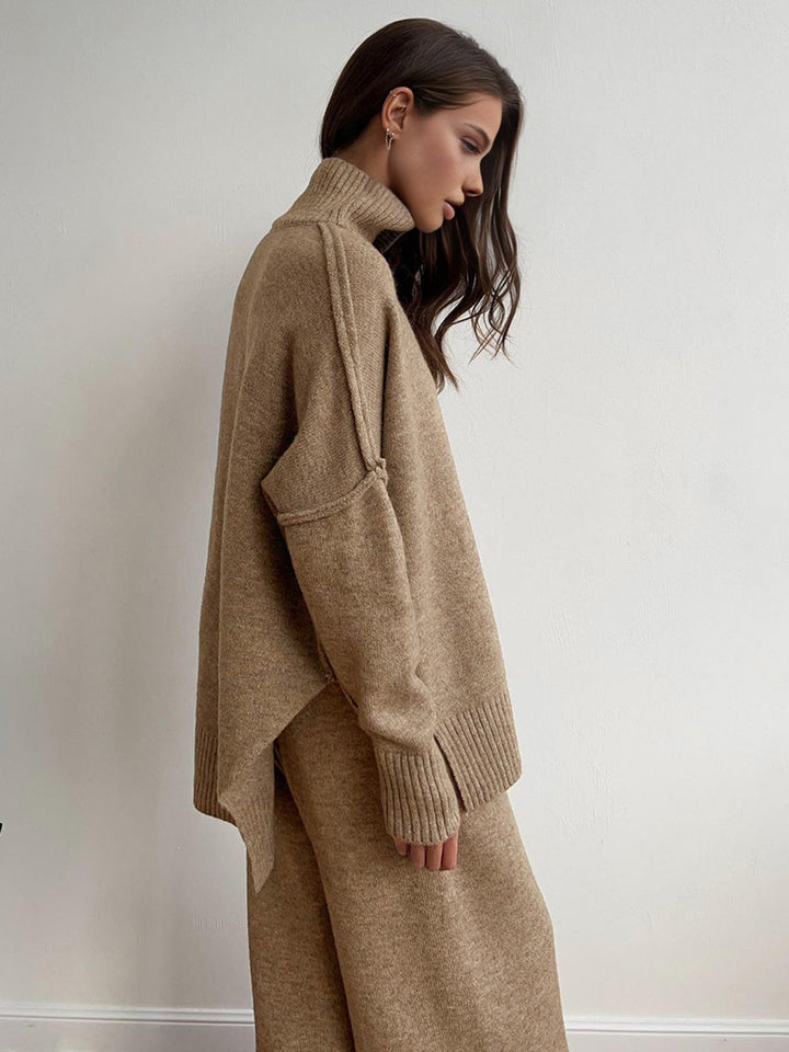 Relaxed fit women's knit loungewear set. Soft turtleneck top & wide-leg pants for ultimate cozy comfort.