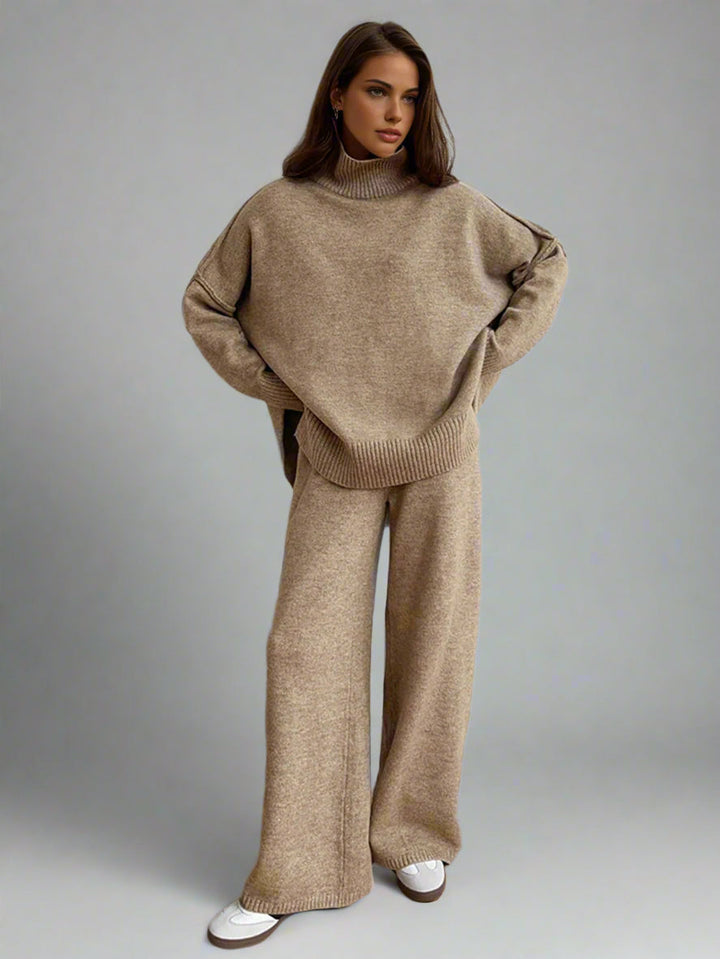 Cozy women's winter knit set: warm turtleneck sweater & matching wide-leg lounge pants. Ideal for comfort.