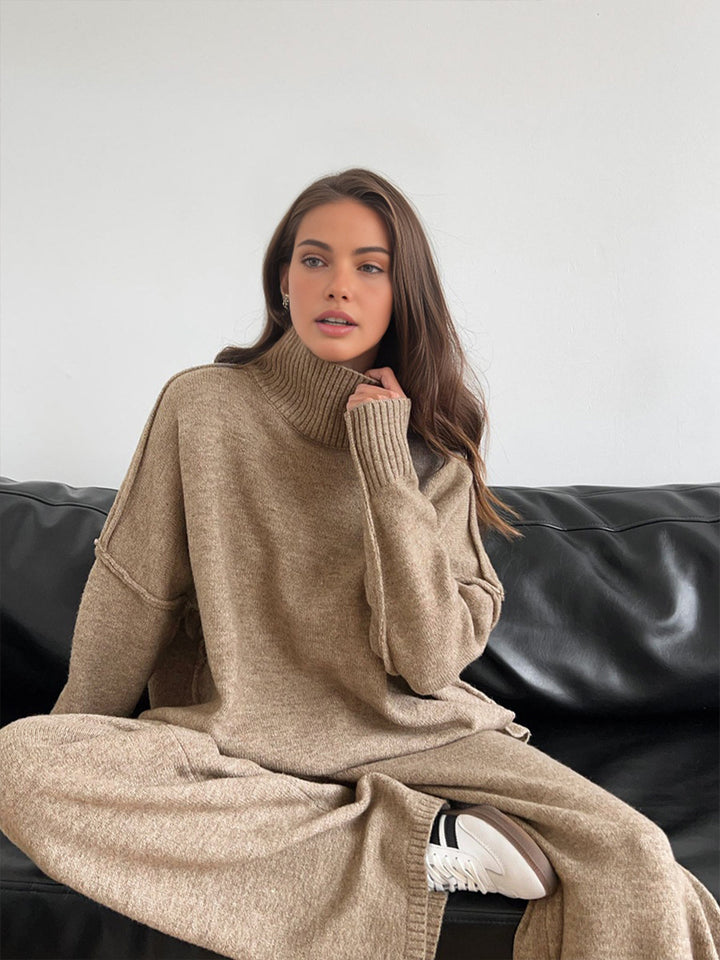 Soft knit women's lounge set with a turtleneck top & wide-leg pants for relaxed, cozy wear at home.