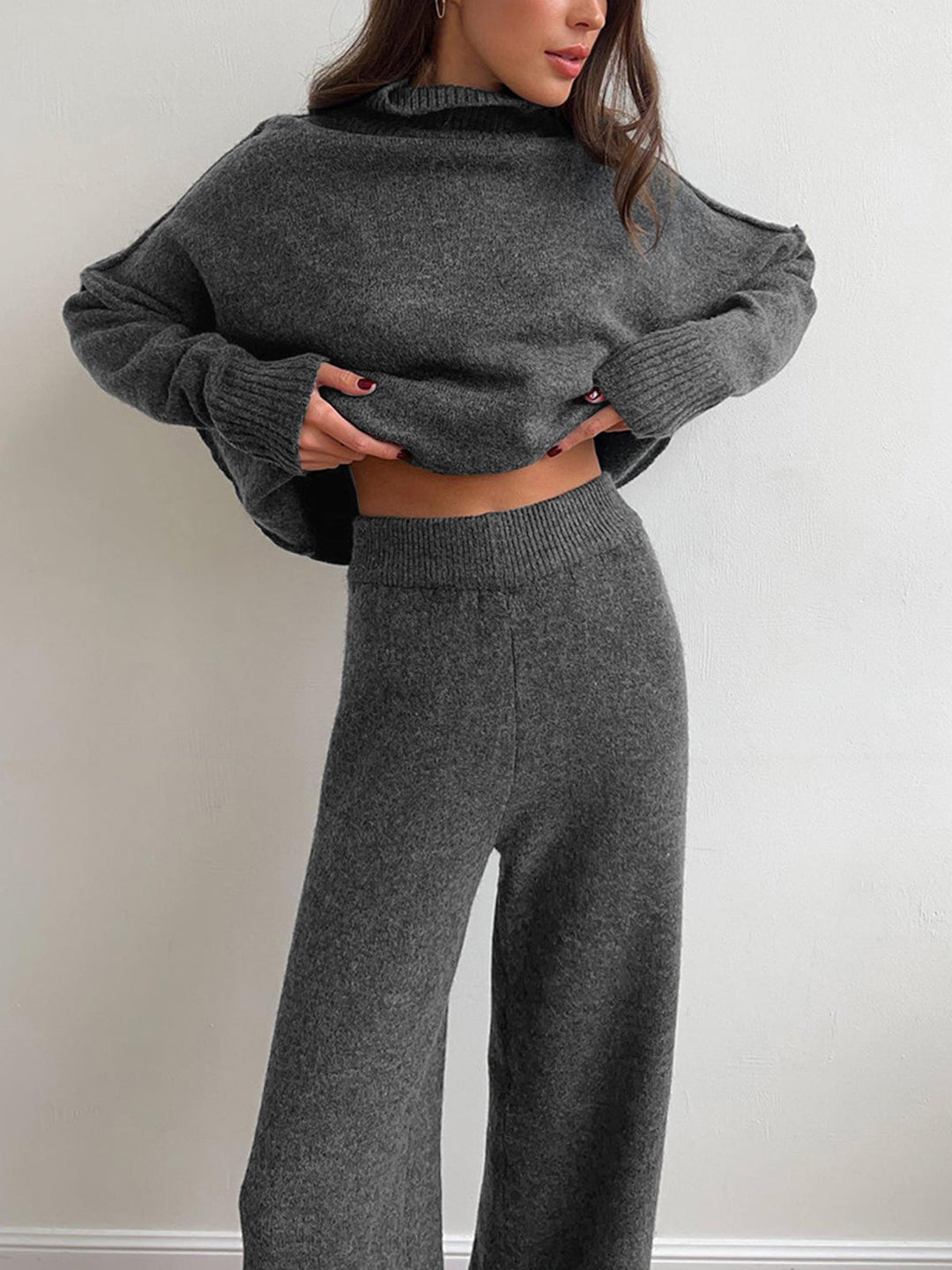 Elegant women's knit turtleneck and wide-leg pant lounge set. Super soft for ultimate home comfort & style.
