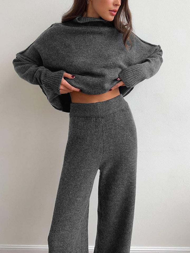 Elegant women's knit turtleneck and wide-leg pant lounge set. Super soft for ultimate home comfort & style.