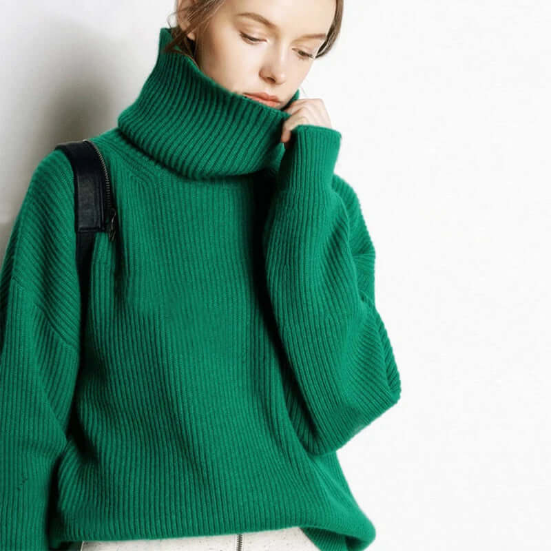 Women's cozy knit turtleneck sweater, a warm and stylish winter essential for comfort and fashion.